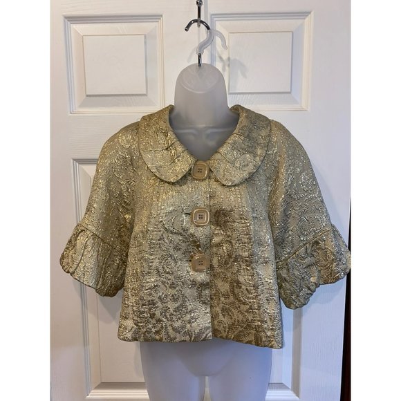 Anthropologie Ivy Jane Womens XS Metallic Gold Blazer Peter Pan Collar Ruffle Si - Picture 2 of 9